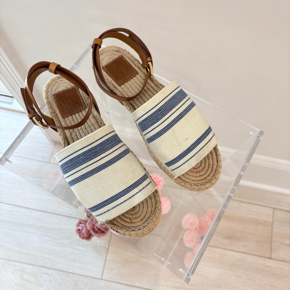 Tory Burch Cream and Navy Striped Espadrille Sandals